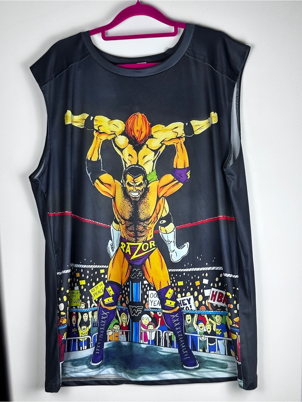 Black Graphic Wrestling Muscle Tank with 'Razor' Motif